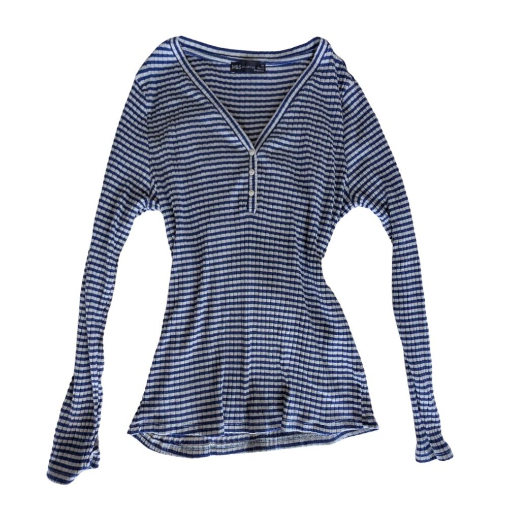 Y2K Henley Blue and white striped long sleeve top Size L